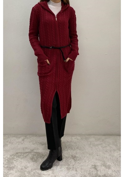Onno Style Women Selanik Örgü Kapşonlu Uzun Ceket Bordo
