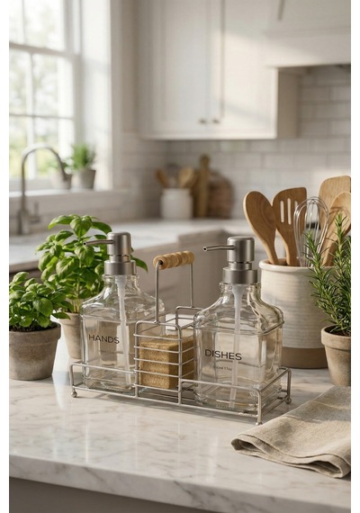Makri Home Lüks Cam Ikili Sıvı Sabunluk & Deterjanlık Seti-500 Ml Cam Sabunluk, Bambu Kulplu Metal Stantlı Siyah