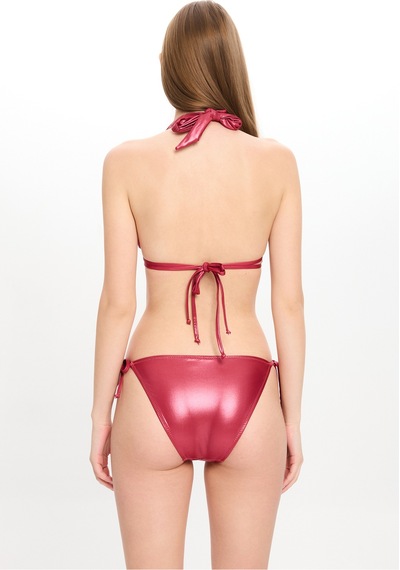 Toosalty Kadın Deri Görünümlü Çift Spagettili Geniş Üçgen Bikini Takımı 25sw019st Bordo