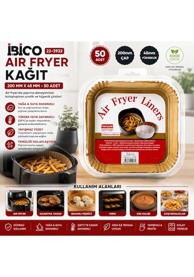 50pcs Kare Taban: 20cm - Kenar: 4.5cm Air Fryer Pişirme Kalıp Kağıt 4887 Renkli