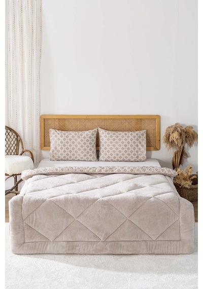 Rivaistanbul Bej Geometrik Loura Çift Kişilik Çift Taraflı Lüx Wellsoft Yorgan Seti 195x215 Cm Bej