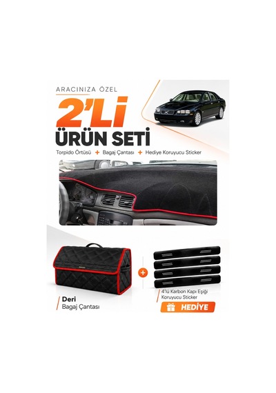 Volvo S80 1998-2006 Uyumlu Torpido Örtüsü + Deri Bagaj Çantası + Sticker Seti - Siyah Kırmızı