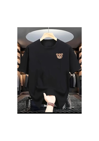Medinenur Mini Ayıcık Baskılı Basic T-shirt Siyah
