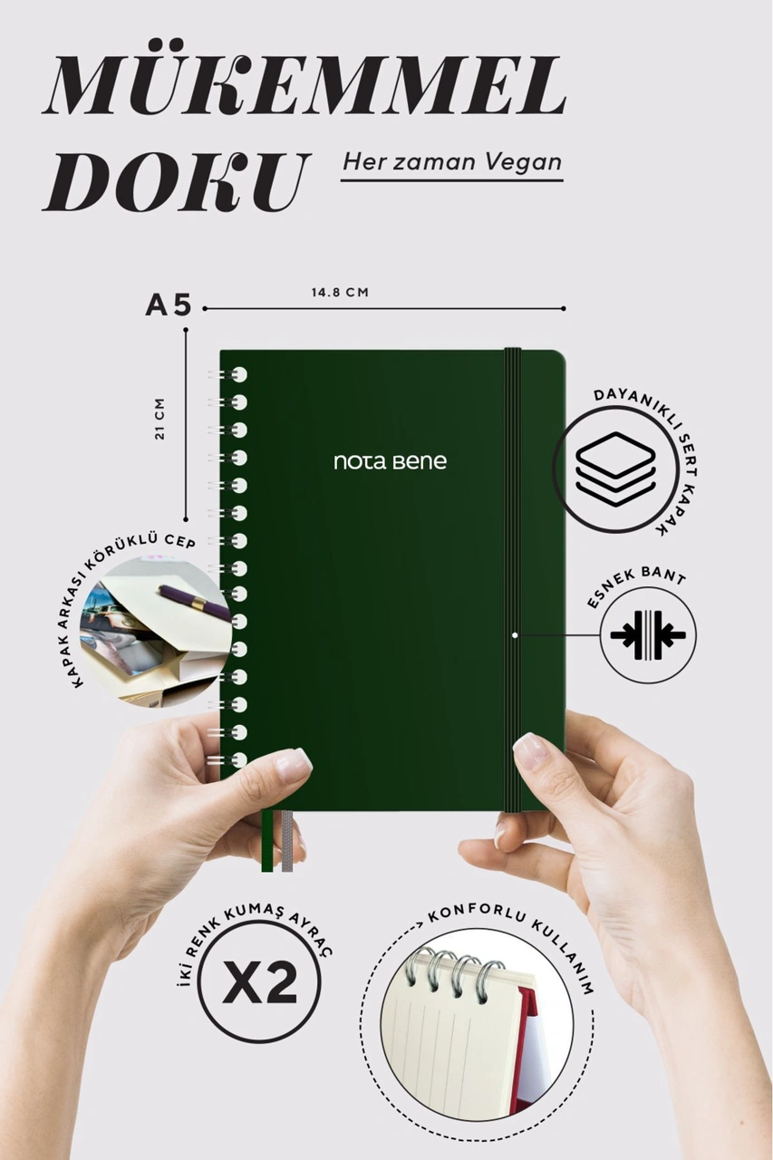 Nota Bene Spiralli Premium Sert Kapak Defter, 14.8x21 Cm, Çizgili Yeşil