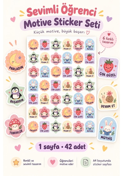 Sevimli Öğrenci Motivasyon Sticker Seti 42 Adet 1 Sayfa Tebrikler, Başardın, Devam Et Ve Ödül Etiketleri Çok Renkli