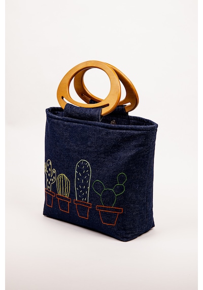 Fabric Craft Bag El Çantası Kot Kumaş Ahşap Saplı Kaktüs Nakışlı İçi Astarlı Mıknatıslı 38x30 Cm Kot Lacivert