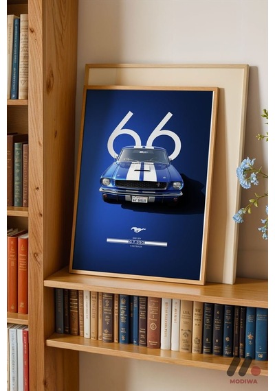 Ford Mustang 1966 Mavi Poster, Ahşap Çerçeveli Duvar Tablosu - Oto Severlere Özel Hediye