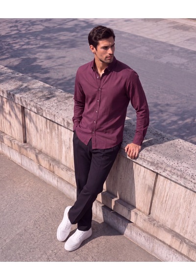 Butik İstanbul Erkek Standart Kesim Gabardin Kumaş Uzun Kollu Gömlek Bordo