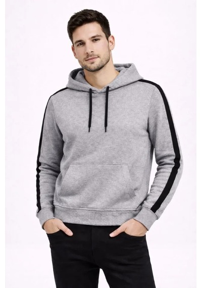 Valensdesign Erkek Şeritli Kapüşonlu Sweatshirt Oversize 3 Iplik Pamuklu - Gri