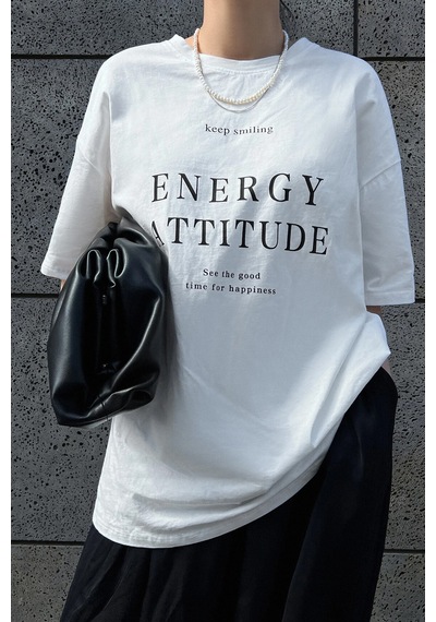 Unisex Energy Baskılı Tasarım Tshirt Beyaz
