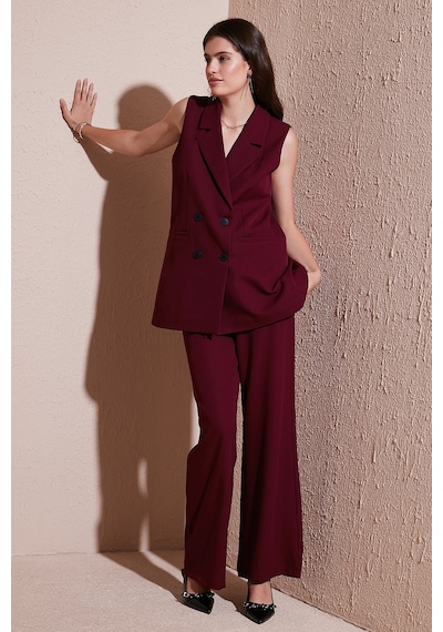 Lela Oversize Fit Mono Yaka Kolsuz Düğmeli Ceket Bayan Yelek 6521177 Bordo