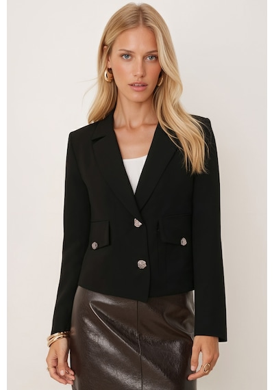 Armonika Kadın Siyah Erkek Yaka Kare Cepli Astarlı Crop Ceket Arm-26k001026