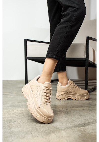 Nstil Günlük Kadın Spor Ayakkabı Yüksek Kalın Taban 6 Cm Suni Deri Sneaker 001 Bej