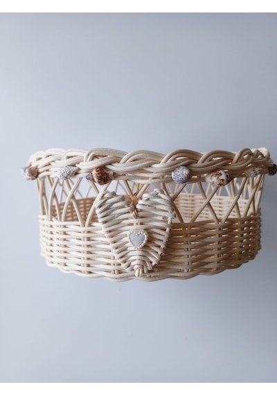 Bambu El Yapımı Çok Amaçlı Sepet Deniz Kabukları Arajmanlı 18 Cm Bej