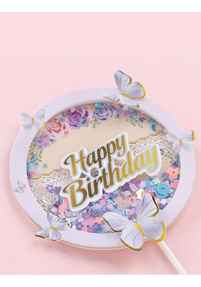 Pasta Üstü Dekoratif Çubuklu Happy Bırthday Kelebekli