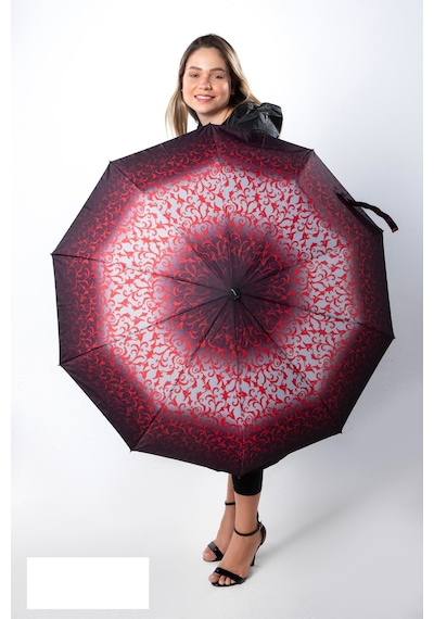 Newdaki Kırmızı - Siyah Desenli Premium Seri 10 Telli Ahşap Saplı Tam Otomatik Kadın Şemsiye Kırmızı - Siyah