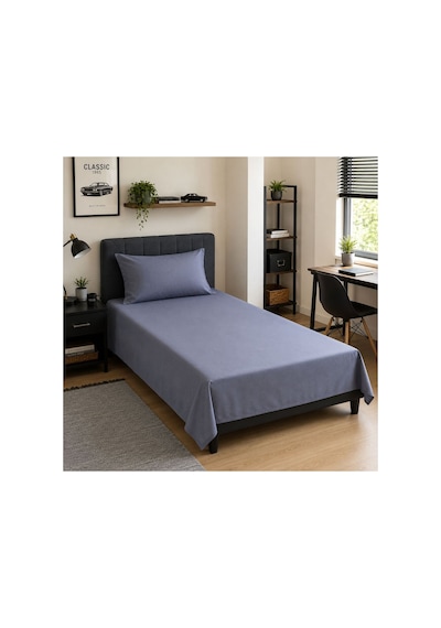 Tek Kişilik Lastiksiz Çarşaf Seti %100 Pamuk 160x240 Cm Yastık Kılıfı Dahil Gri/mavi