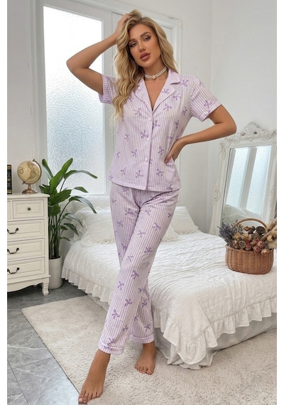 Bella Notte Lila Soft Fiyonk Desenli Yazlık Pijama Takımı Mor