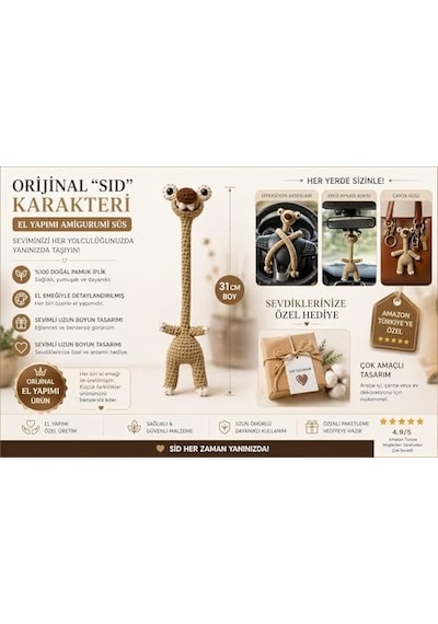 El Yapımı Amigurumi Sid Karakteri Uzun Boyunlu Çok Amaçlı Süs -%100 Pamuk Örgü Araba Dikiz Aynası Askısı, Direksiyon Aksesuarı Ve Çanta Dekoru Açık Gri