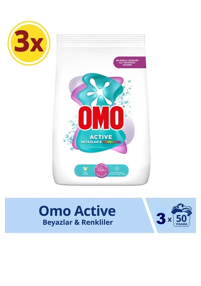 Omo Active Beyazlar ve Renkliler Toz Deterjanı 150 Yıkama 3 x 7500 G