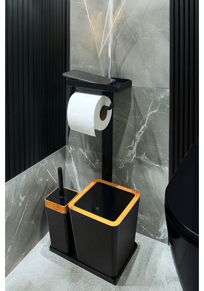6 Parça Banyo Seti Çöp Kovası, Wc Fırça, Tuvalet Kağıtlık, Diş Fırçalık, Sıvı Sabunluk, Sabunluk Kahverengi - Siyah