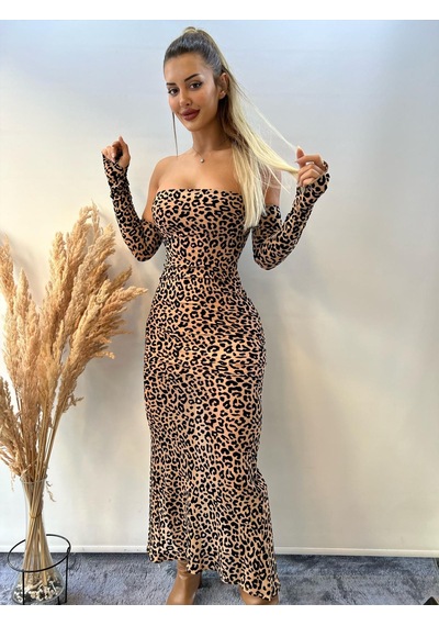 Pink Life Nude Tül Üzeri Flog Baskılı Leopar Desenli Kolluklu Midi Elbise Nude