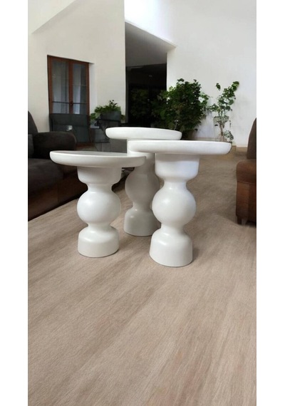 Simillo Wood Wooden Ahşap Beyaz Renk 3 Lü Set Fitilli Mantar Yan Sehpa Modern Fiskos / Kod:trd10826 Beyaz