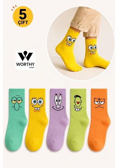 Worthy Socks Unisex Desenli Kolej Çorap Seti 5'li Paket Renkli