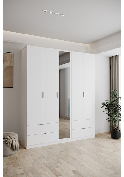Evdemo Yakut Aynalı 5 Kapaklı 4 Çekmeceli Gardırop 210 Cm Beyaz