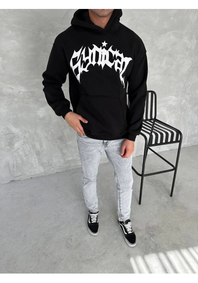 Veraura Lifestyle Unisex Üç İplik Kapşonlu Baskılı Sweatshirt - Siyah