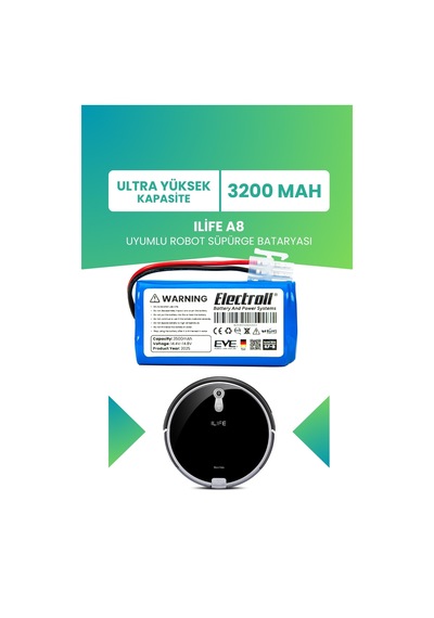 Ilife A8 Uyumlu Batarya Ultra Yüksek Kapasite 3200mah Pil Robot Süpürge Bataryası