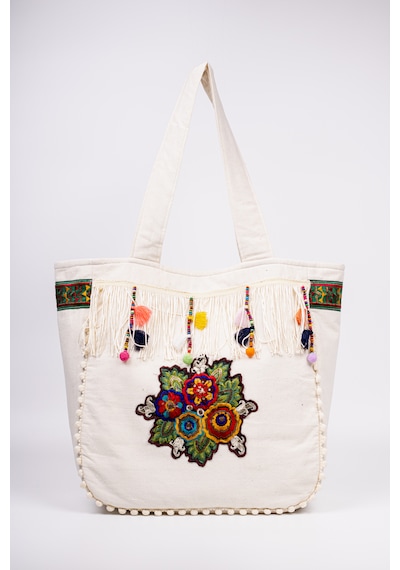 Fabric Craft Bag Omuz Çantası Bohem Nakışlı Püsküllü Pamuklu Krem 45x35 Krem