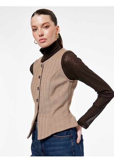 Koton Slim Fit Bisiklet Yaka Düğmeli Desenli Yelek Bej 6wak30111ek Ekru