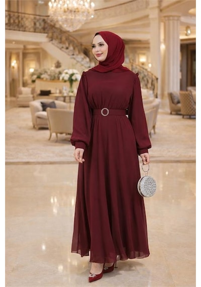Neşeli Butik Kadın Bordo Tül Kumaş Kemer Detaylı Büyük Beden Tesettür Elbise Nbft006 Bordo