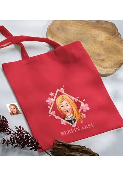 Bk Gift Kişiye Özel Anneler Günü Karikatürlü Kırmızı Kumaş Bez Çanta, Baskılı Omuz Çantası, Alışveriş Çantası, Anneye Hediye-4