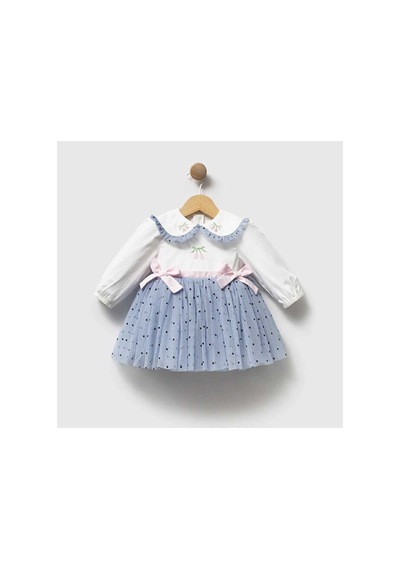 Ministok Bluebell Dream Yakası Nakış Detaylı Tütü Etekli Kız Bebek Elbise Mavi