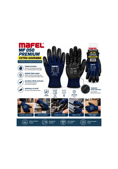 12 Adet Zebra Mavi Siyah No 10 Xl Nitril İşçi Eldiven Poşetli Ambalaj Kesilme Direnç 5580