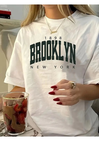 Kadın Tişört Bisiklet Yaka Brooklyn Baskılı Kısa Kollu T-shirt - Beyaz