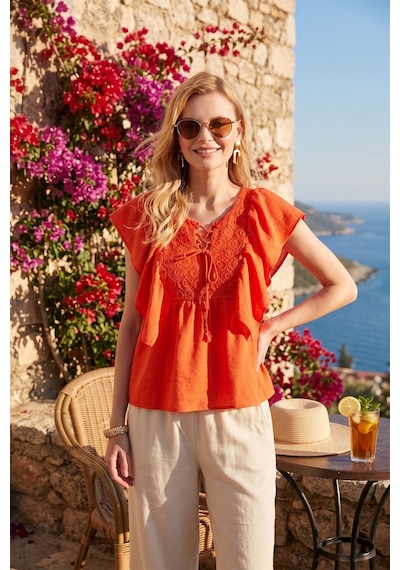 Lela Regular Fit Önden Bağlamalı Volanlı Bayan Bluz 611Fb20064 Oranj