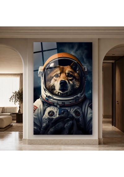 Astronot Giysili Köpek Çerçevesiz Cam Tablo