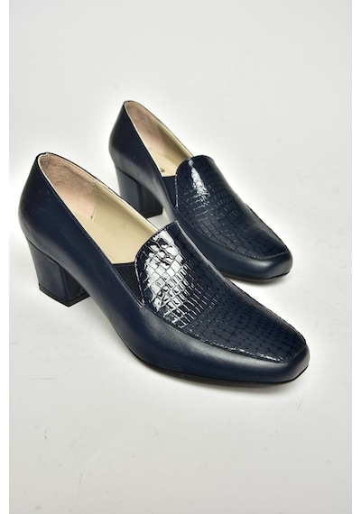 Fox Shoes T908006103 Lacivert Hakiki Deri Kalın Topuklu Kadın Ayakkabı Lacivert