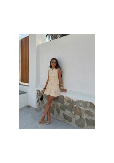 Asur Boutique Asur Butik Kadın Tüvit Gold Düğmeli Yelek Şort Etek Takım Şık Yazlık İkili Takım Bej