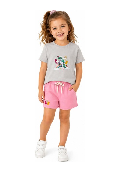 Haribo Lisanslı Unicorn Baskılı Kız Çocuk T-shirt Şort Takım Gri