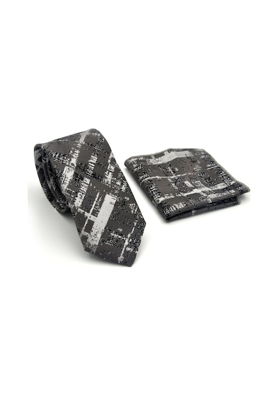 Gaffy Füme Desenli Gri Dokuma Kumaş Mendilli Slim Fit Kravat // Sdk-2601-3 Gri