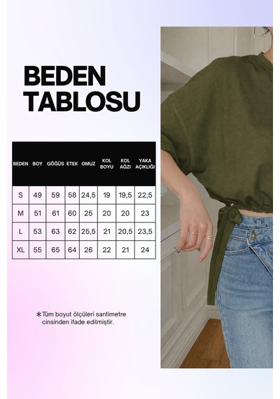 Kadın Oversize Basic Haki Tişört Yan Bağlamalı Rahat Kesim Günlük Yazlık T-shirt