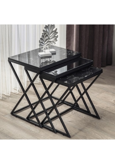 Venedik Siyah Metal Ayaklı, Mermer Desenli Mdf'Li Zigon Sehpa
