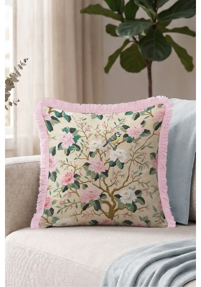 Çiçek Romantik Bahar Zarif Kuş Motifli Saçaklı Yastık Kılıfı-boho Krem Pembe Püsküllü Kırlent Kılıfı Şeffaf
