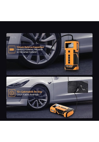 Npo A5577 Kablolu/kablosuz 8000mah Şarjlı Taşınabilir Araç Akü Takviyeli, Powerbank Destekli Reflektör Ledli 5in1 Oto Hava Pompası