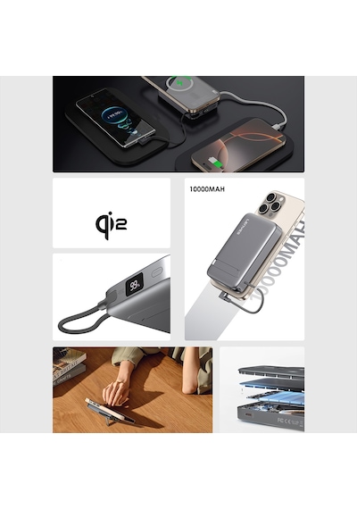 Lenyes Pw1009d Pd 35w Qi2 Teknolojili Wireless Powerbank Type-c Kablolu Standlı 15w 10000mah Gri