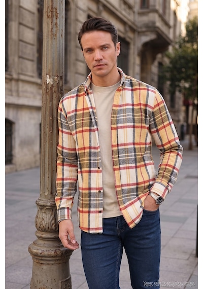 Buratti Ekoseli Uzun Kollu Slim Fit Kışlık Erkek Gömlek Cf21W112844 Hardal